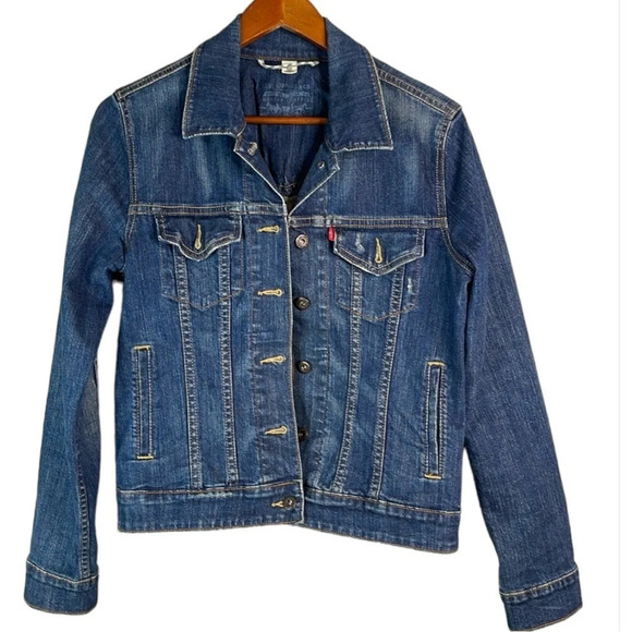 LEVIS Blue Dark Wash Denim Trucker Jean Jacket Red Tab Pockets Cotton Stretch M - Picture 2 of 14